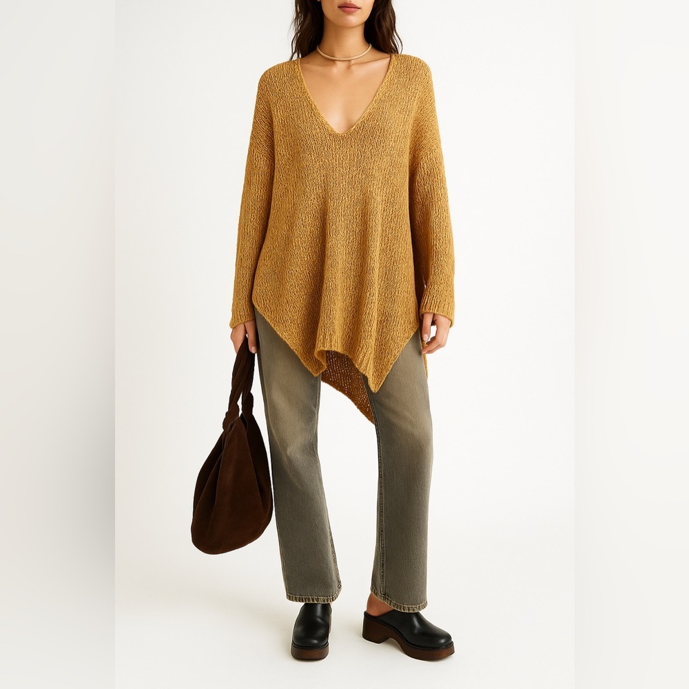 FP neutral oversized knit vneck asymmetrical sweater XS boho fall cozy relaxed